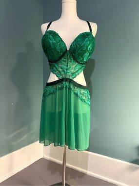 Auden XL Emerald Green Lace Mesh Babydoll Chemise Underwire Lingerie Nightgown